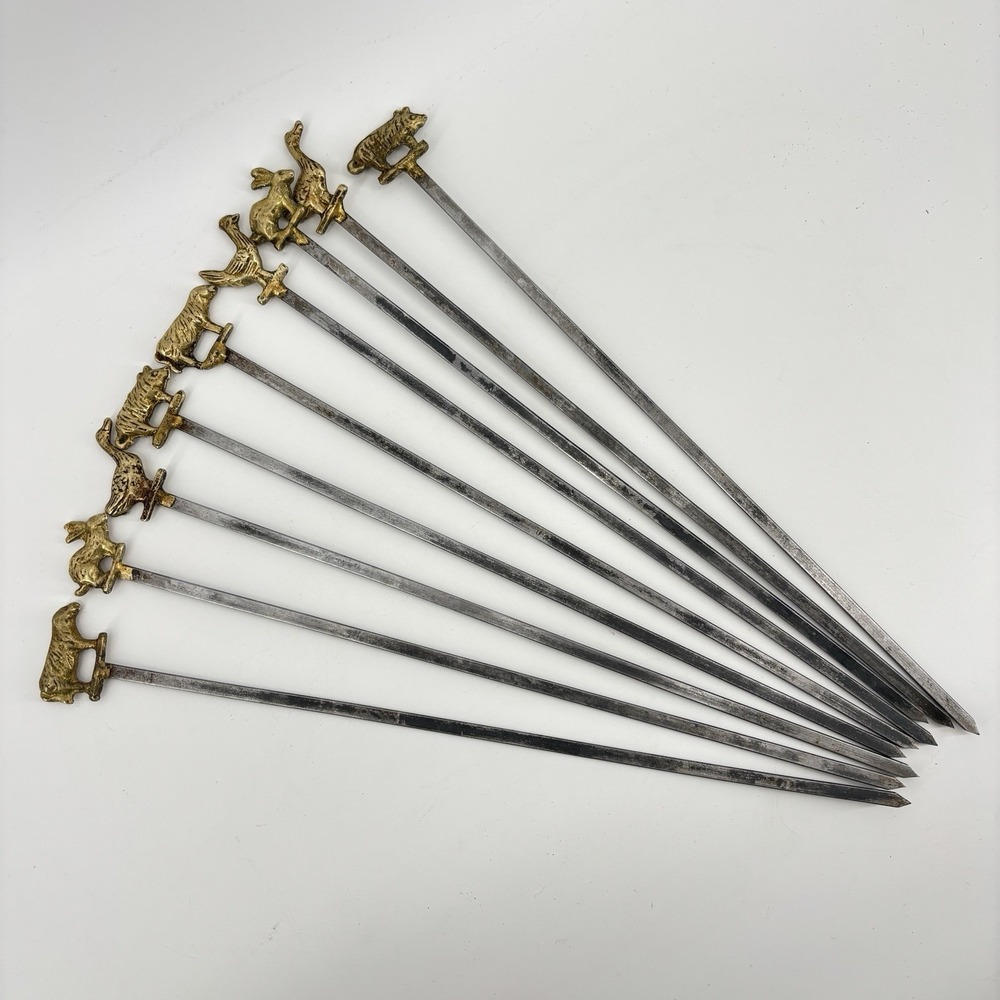 VTG Stainless Shish Kebab Skewers BBQ Kabobs Brass Animals LOT of 9